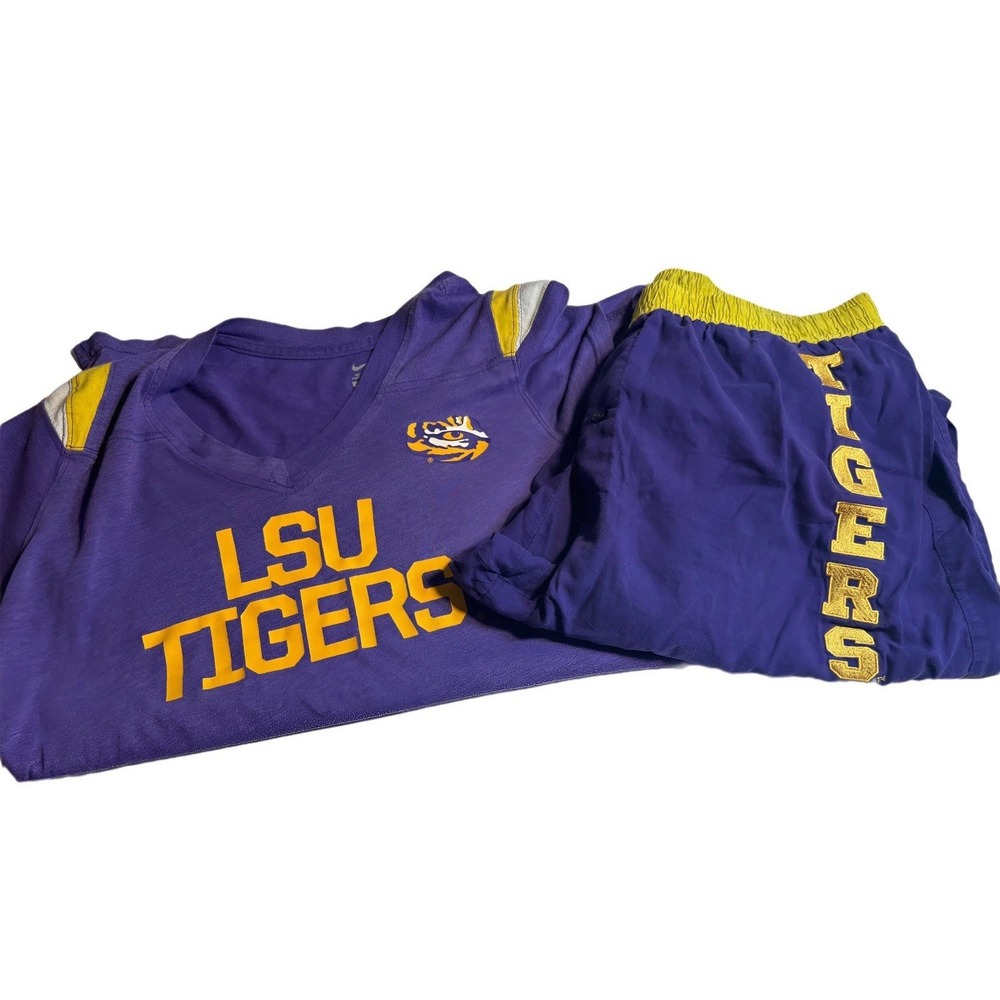 Nike LSU Tigers Loungewear Set Womens Large Purple Yellow Pajama Shirt Pants PJs